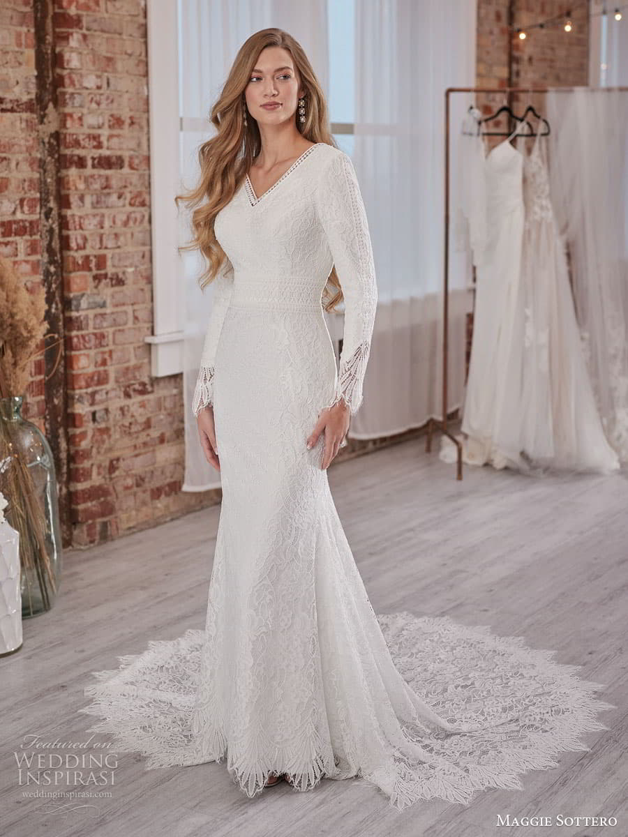 maggie sottero fall 2022 bridal sweetheart v neckline short long sleeve drita leigh sheath wedding dress 21mk868 main iv