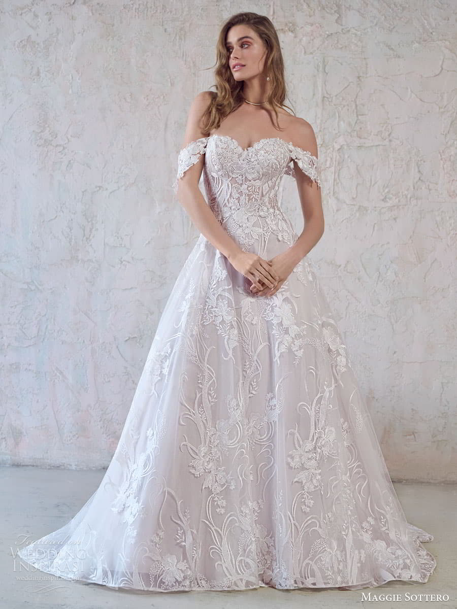 maggie sottero fall 2022 bridal sweetheart v neckline short long sleeve evelina a line wedding dress chapel train t961 main mv