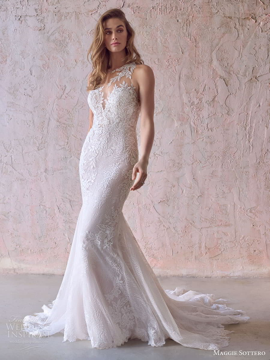 maggie sottero fall 2022 bridal sweetheart v neckline short long sleeve kern fit and flare wedding dress chapel train t970 main mv