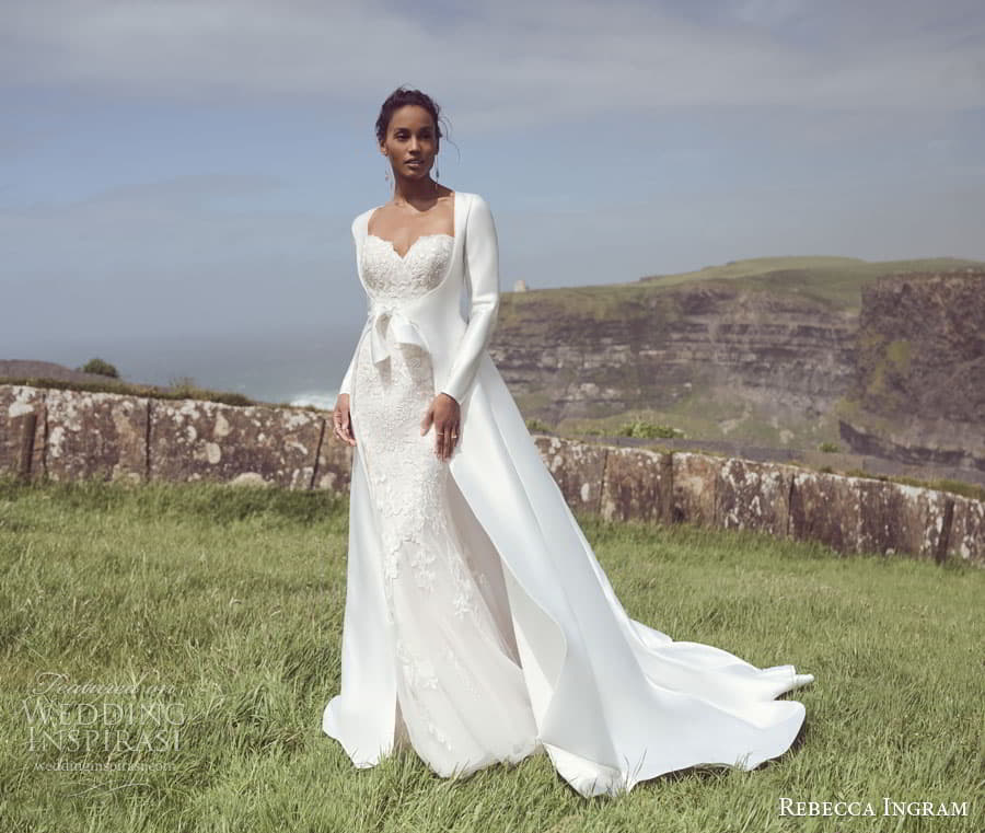 rebecca ingram spring 2023 bridal long sleeve helen sheath wedding dress chapel train mv