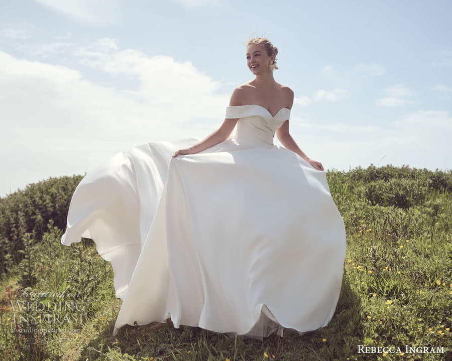rebecca ingram spring 2023 bridal off shoulder neckline kiki ballgown wedding dress chapel train 1mv