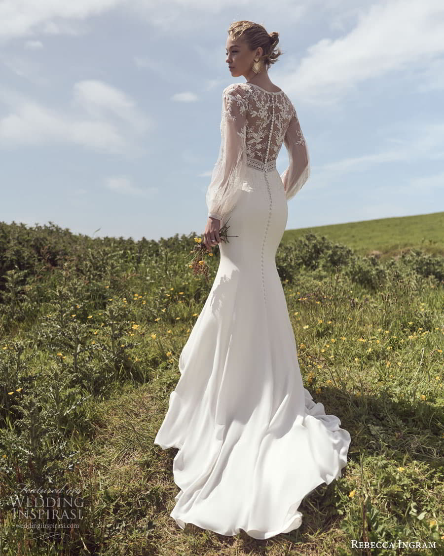 rebecca ingram spring 2023 bridal sheer long bishop sleeve v neckline tatum sheath wedding dress chapel train mv (1) rebecca ingram spring 2023 bridal sheer long bishop sleeve v neckline tatum sheath wedding dress chapel train mv (1)