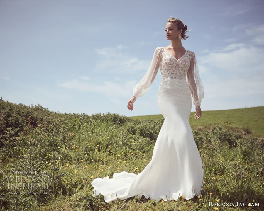 rebecca ingram spring 2023 bridal sheer long bishop sleeve v neckline tatum sheath wedding dress chapel train mv (2) rebecca ingram spring 2023 bridal sheer long bishop sleeve v neckline tatum sheath wedding dress chapel train mv (2)