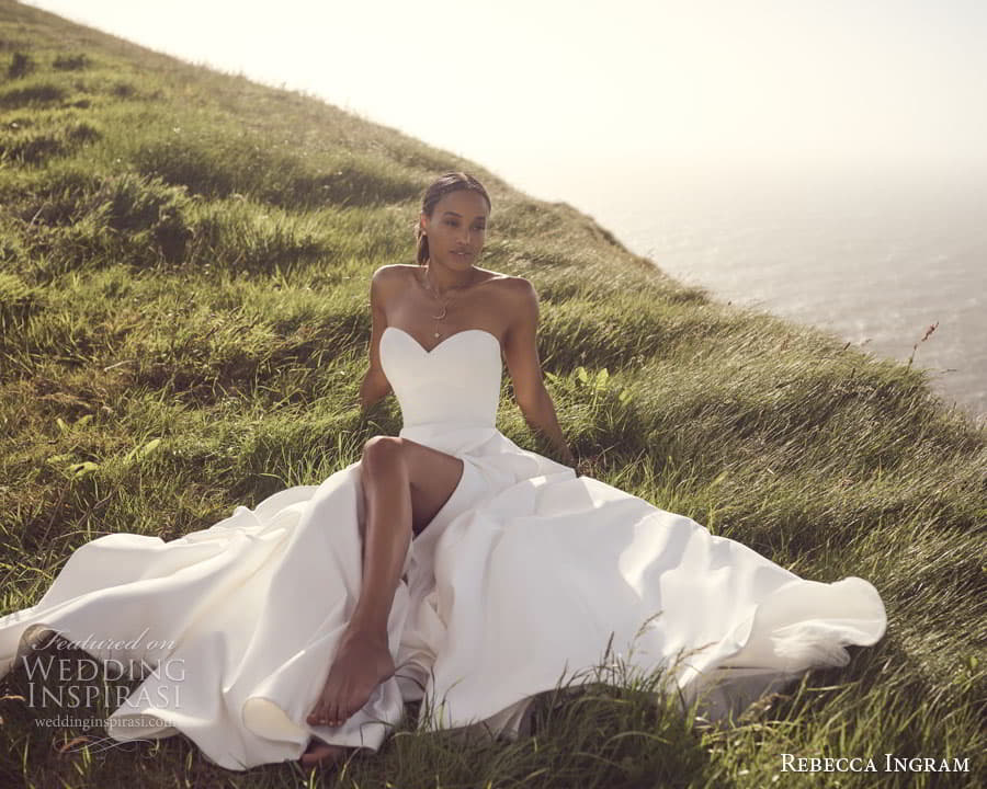 rebecca ingram spring 2023 bridal sheer long sleeve sweetheart neckline modern sheath wedding dress chapel train zv