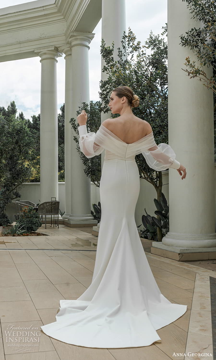anna georgina 2023 bridal long puff sleeve off shoulder surplice neckline clean minimalist mermaird sheath wedding dress (4) bv