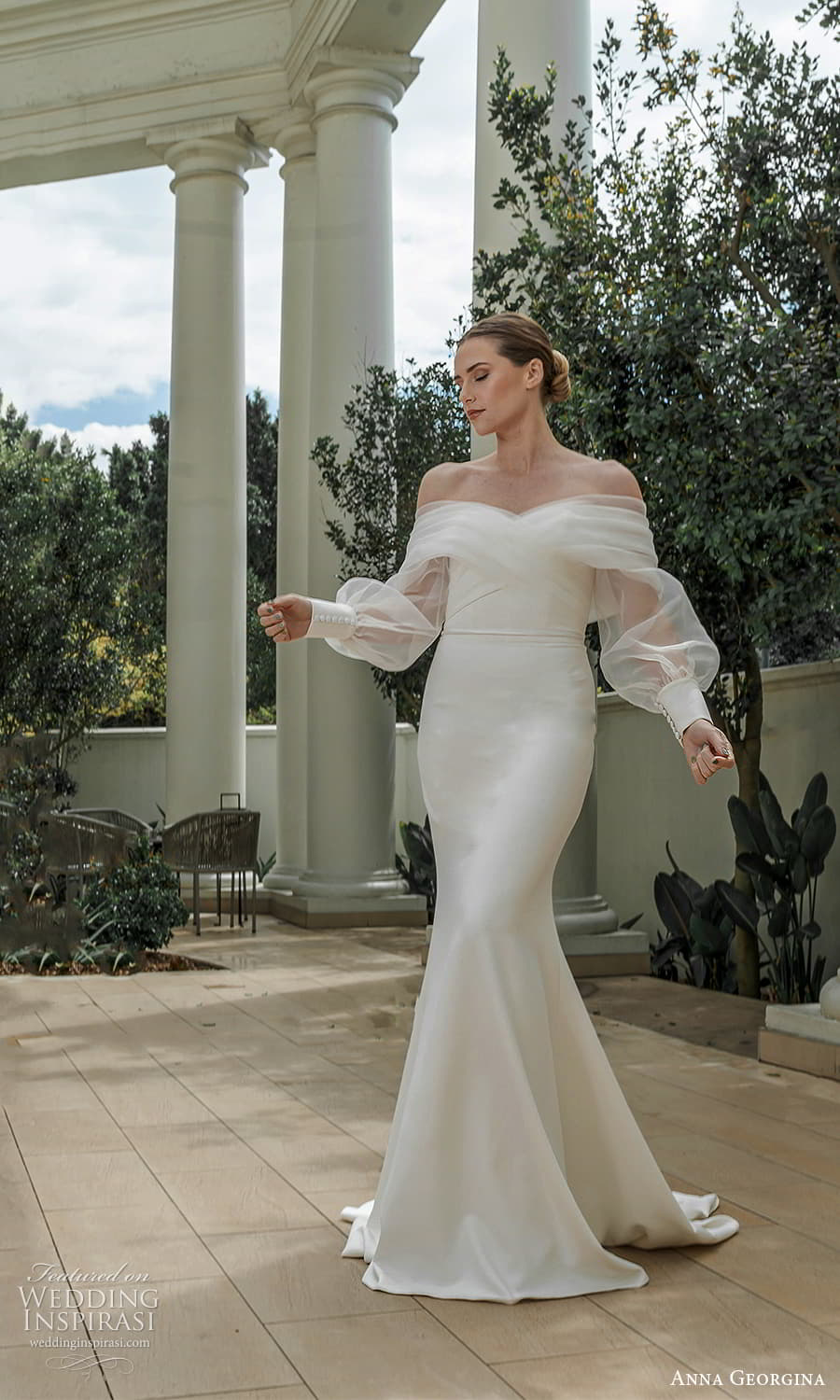 anna georgina 2023 bridal long puff sleeve off shoulder surplice neckline clean minimalist mermaird sheath wedding dress (4) mv