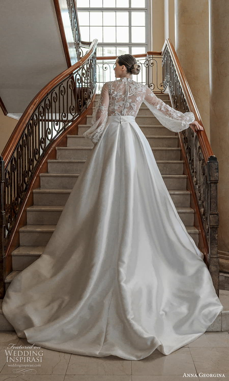 anna georgina 2023 bridal long puff sleeve plunging illusion v neckline sheer bodice clean skirt a line wedding dress chapel train (1) bv 