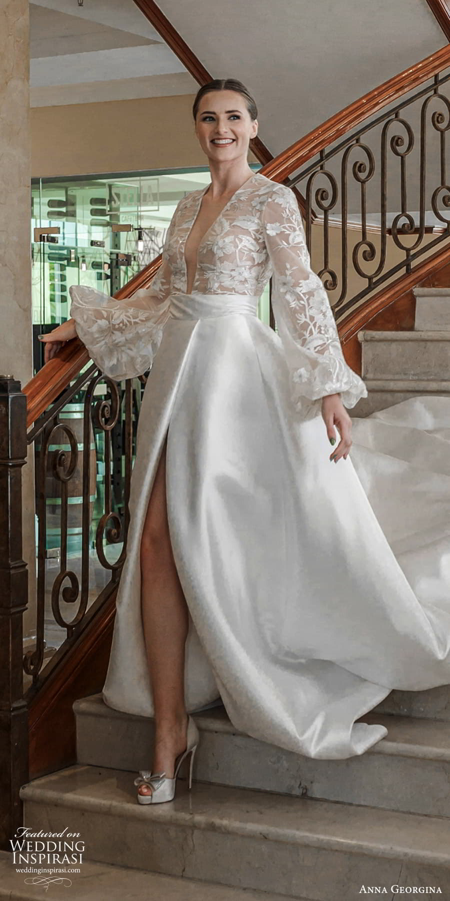 anna georgina 2023 bridal long puff sleeve plunging illusion v neckline sheer bodice clean skirt a line wedding dress chapel train (1) sv