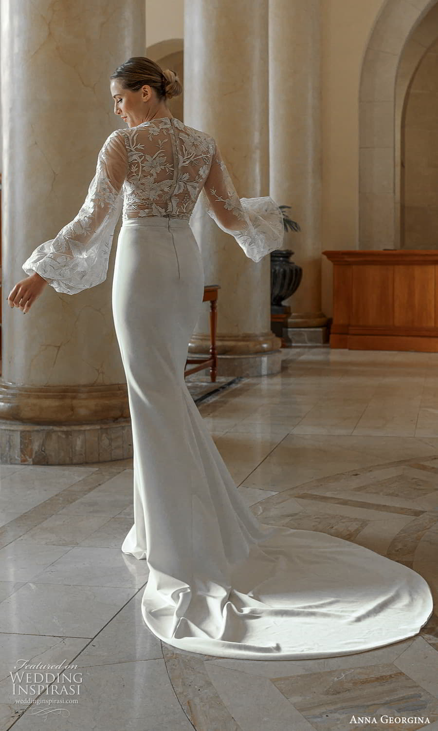 anna georgina 2023 bridal long puff sleeve v neckline embellished bodice clean skirt sheath wedding dress chapel train (8) bv