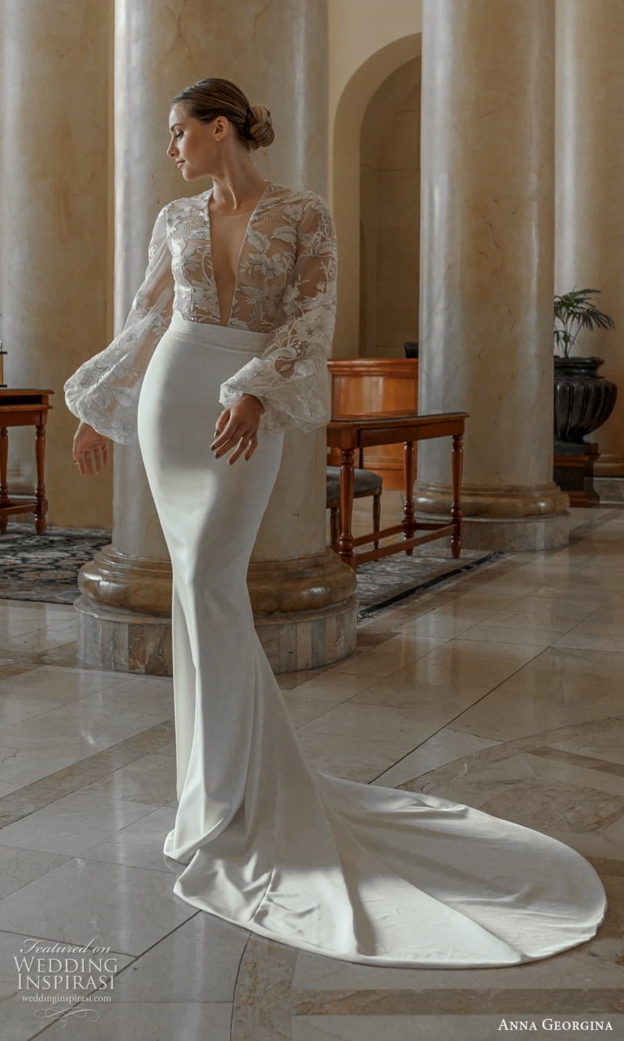 anna georgina 2023 bridal long puff sleeve v neckline embellished bodice clean skirt sheath wedding dress chapel train (8) mv anna georgina 2023 bridal long puff sleeve v neckline embellished bodice clean skirt sheath wedding dress chapel train (8) mv