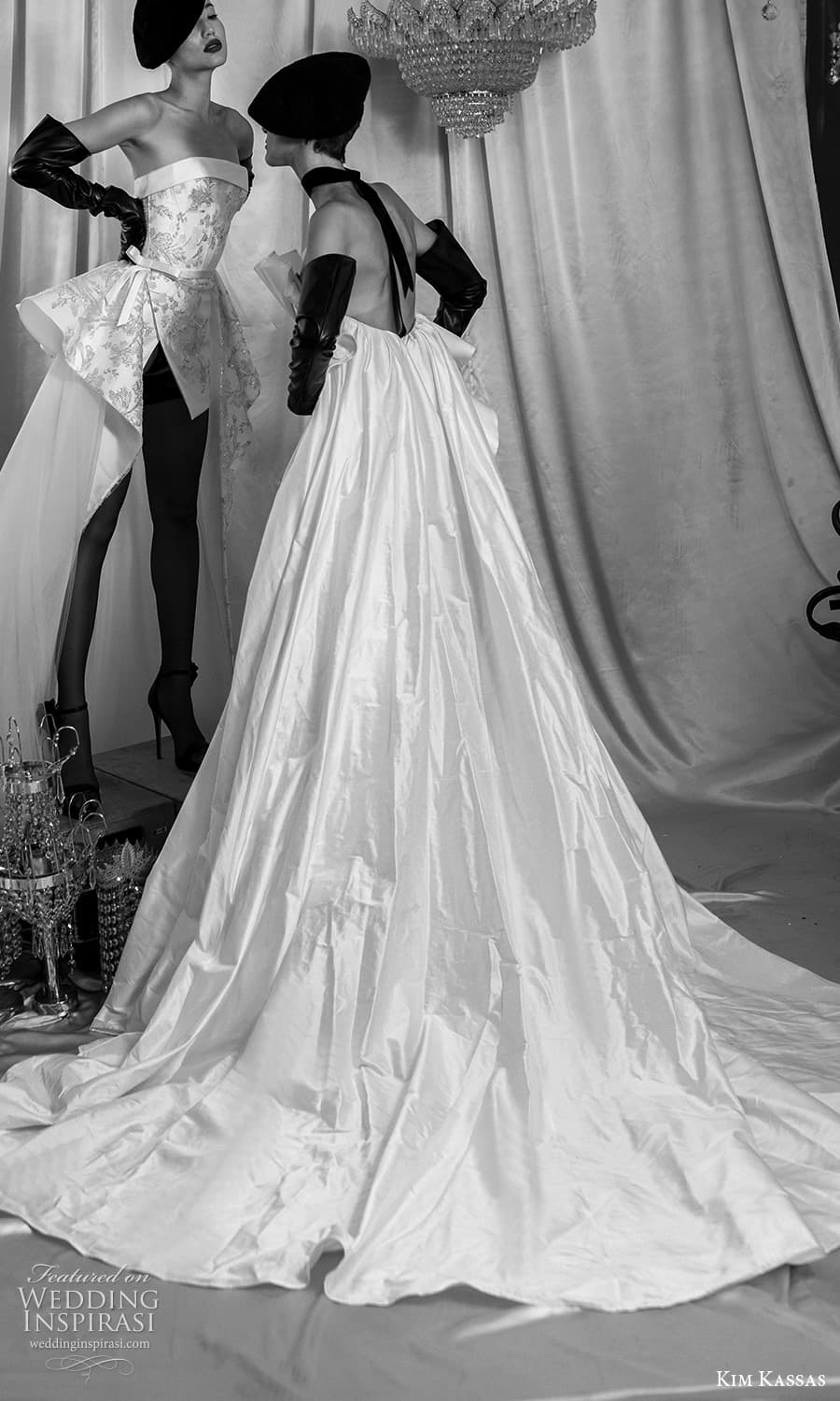 kim kassas fall 2023 bridal strapless crumbcatcher neckline embellished sheath wedding dress tiered ruffle a line overskirt chapel train (3) bv