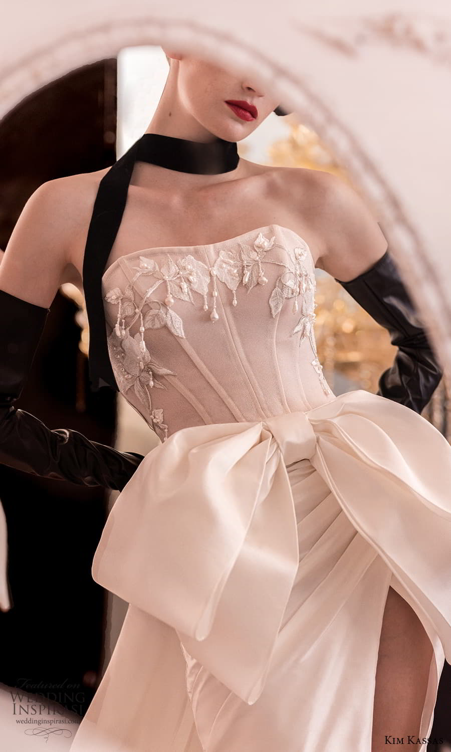 kim kassas fall 2023 bridal strapless straight across neckline corset bodice a line wedding dress chapel train (4) zv