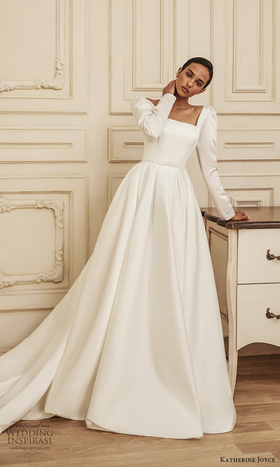 katherine joyce 2023 bridal long puff sleeve square neckline clean minimalist a line ball gown wedding dress chapel train (6) mv