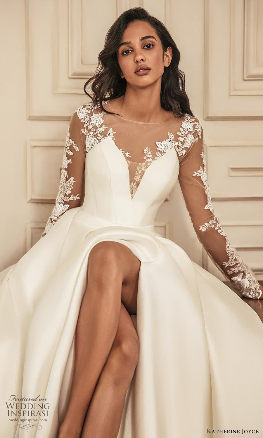katherine joyce 2023 bridal long sleeve strapless sweetheart neckline sheer corset bodice a line ball gown wedding dress chapel train (2) zv