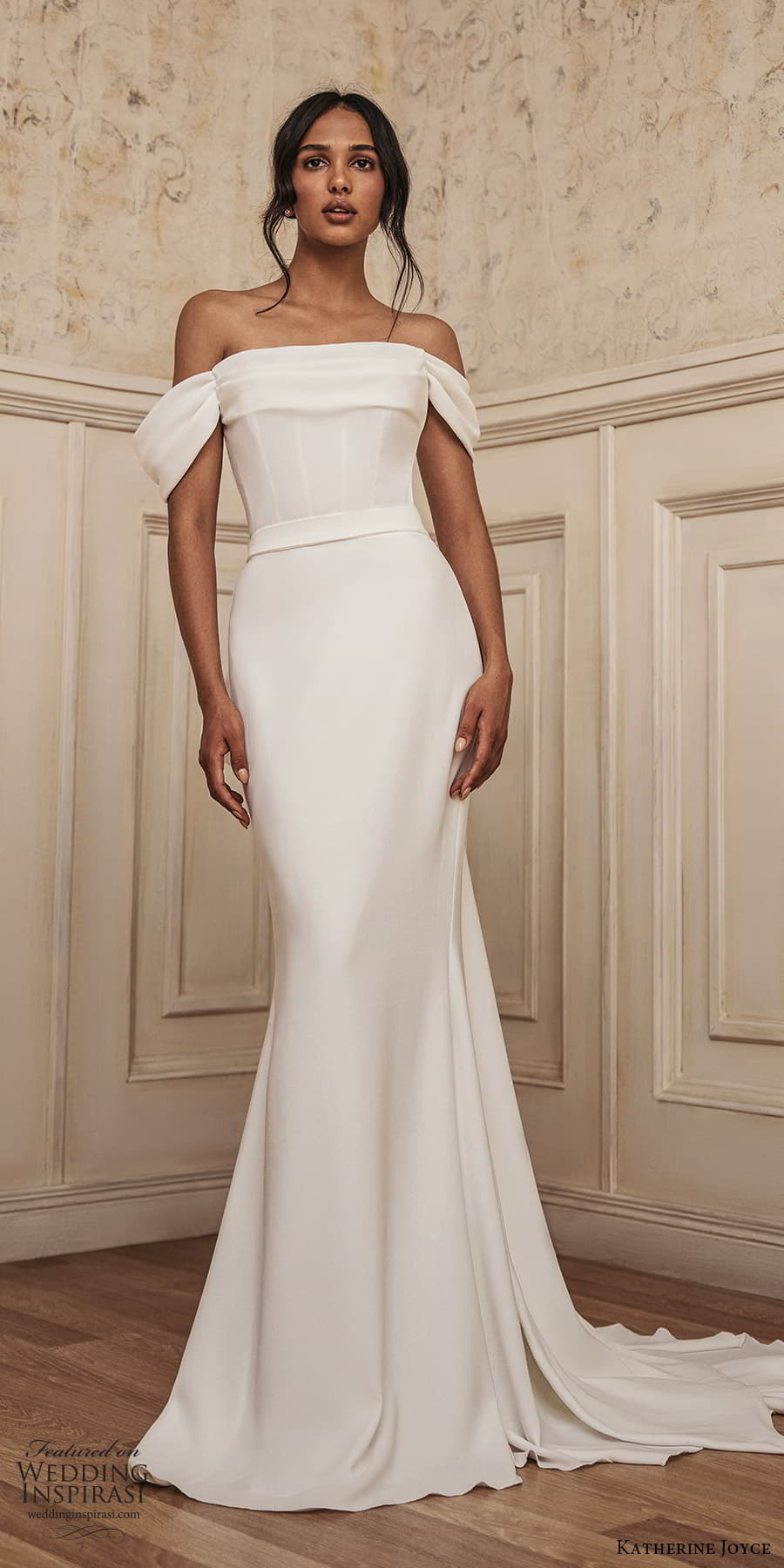 katherine joyce 2023 bridal off shoulder swag sleeve straight across necklnie clean modern minimalist sheath wedding dress chapel train (13) mv