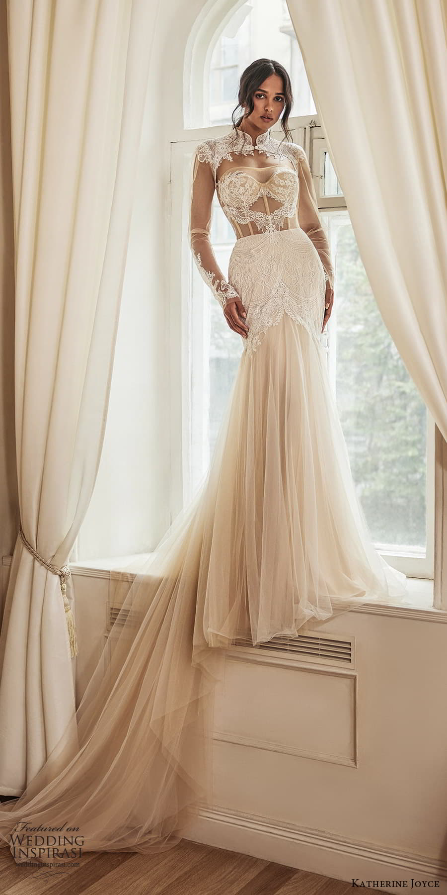 katherine joyce 2023 bridal sheer long sleeve high neckline embellished lace sheath wedding dress chapel train (7) mv