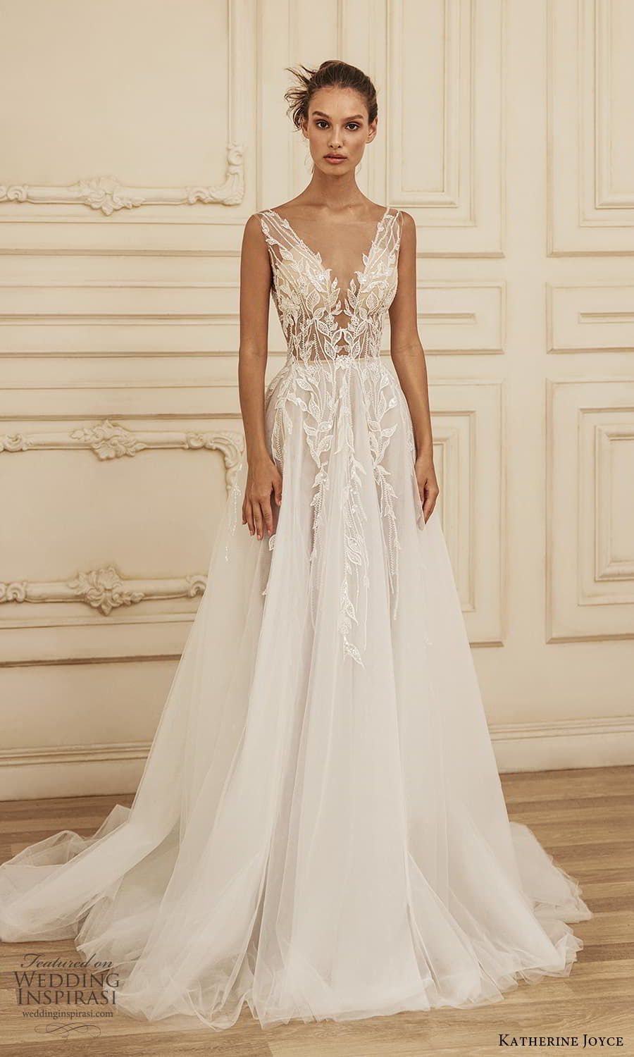 katherine joyce 2023 bridal sleeveless illusion v neckline embellished bodice a line ball gown wedding dress chapel train (10) mv