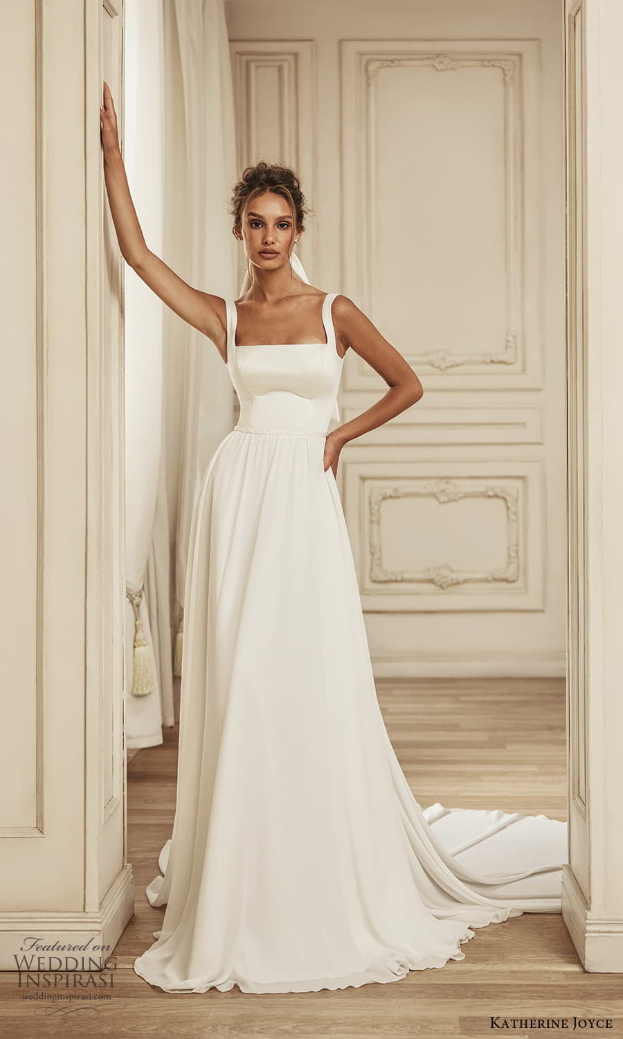 katherine joyce 2023 bridal sleeveless strap square neckline clean minimalist a line ball gown wedding dress chapel train (8) mv