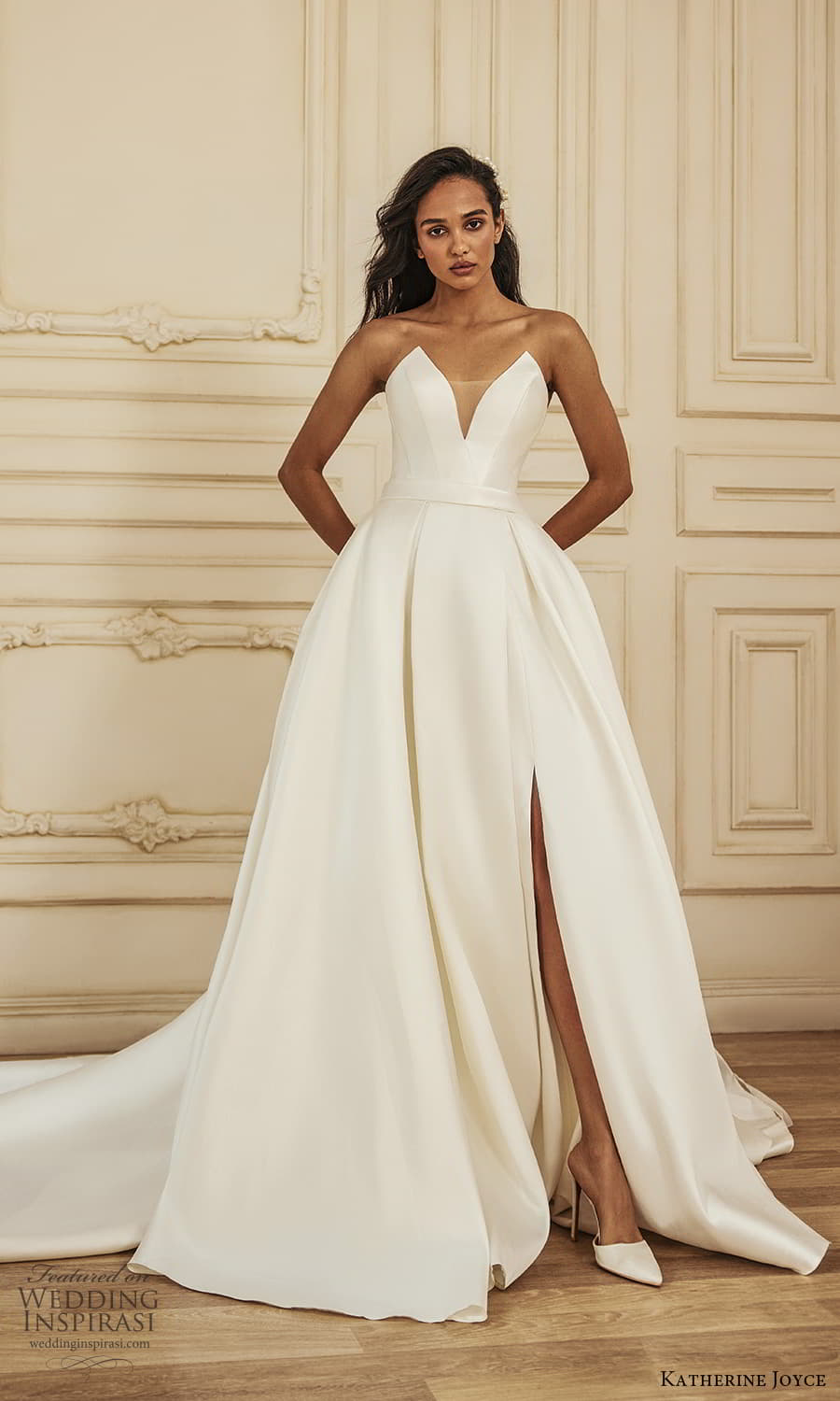katherine joyce 2023 bridal strapless sweetheart neckline sheer corset bodice a line ball gown wedding dress chapel train (2) mv