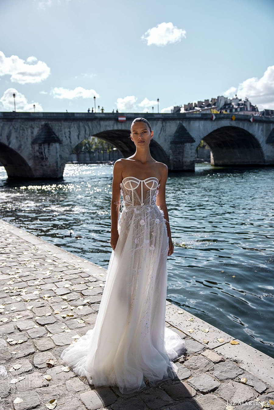 liz martinez fall 2023 bridal strapless sleeveless sweetheart neckline embellished a line ball gown wedding dress chapel train coco 1