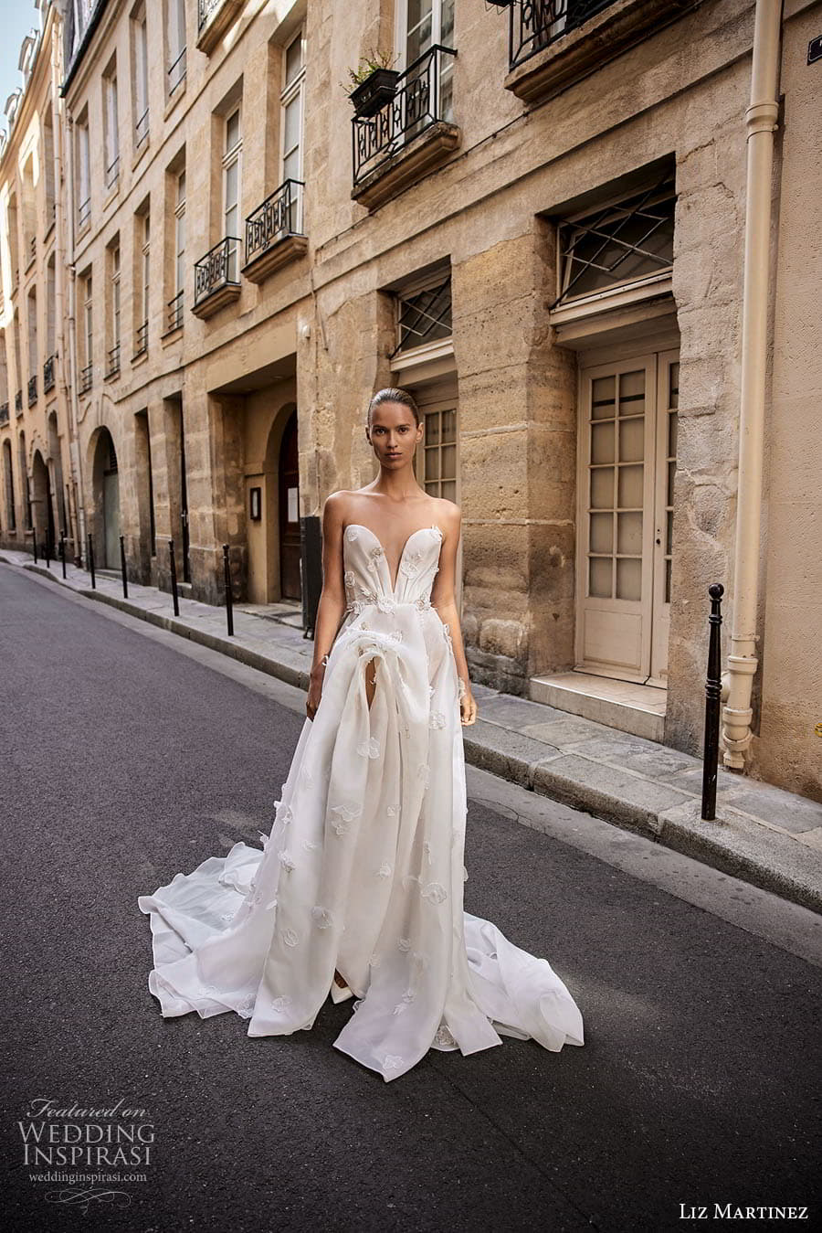 liz martinez fall 2023 bridal strapless sleeveless sweetheart neckline embellished a line ball gown wedding dress chapel train joan 1