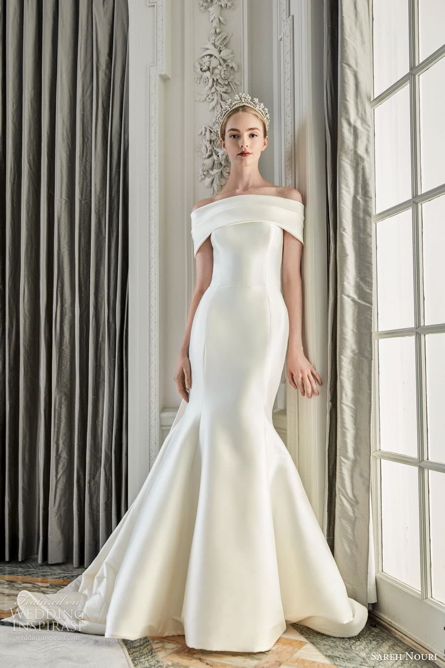 sareh nouri fall 2023 bridal sleeveless off shoulder strap sweetheart straight neckline fit flare a line ball gown wedding dress chapel train agrigento