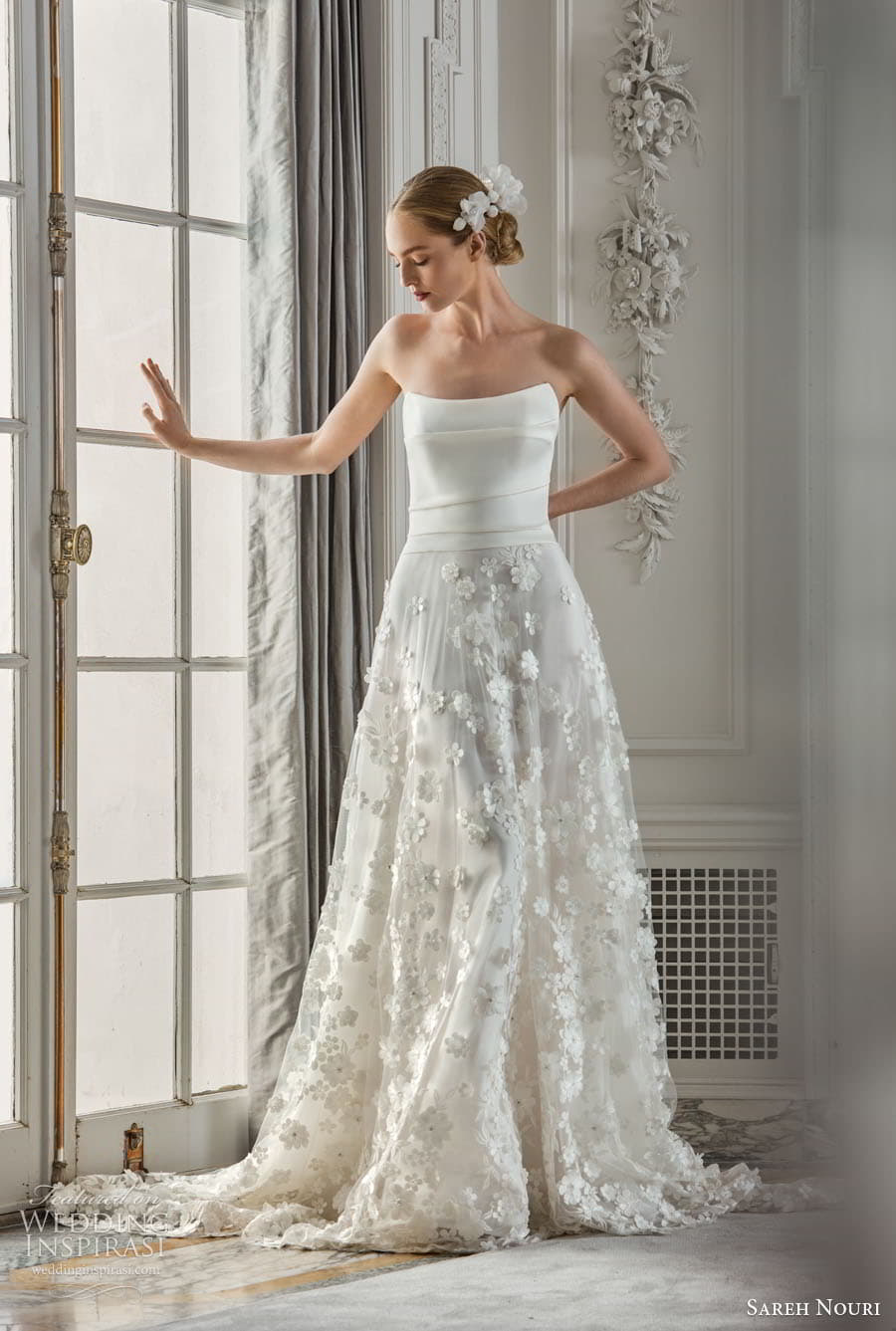 sareh nouri fall 2023 bridal sleeveless off shoulder strap sweetheart straight neckline fit flare a line ball gown wedding dress chapel train catana c