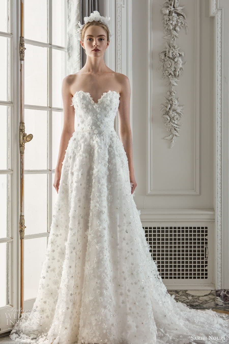 sareh nouri fall 2023 bridal sleeveless off shoulder strap sweetheart straight neckline fit flare a line ball gown wedding dress chapel train messina c