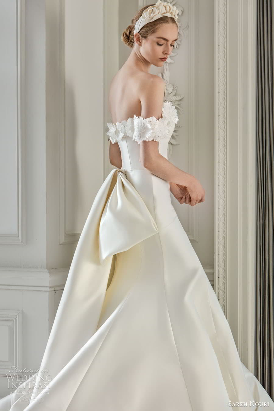 sareh nouri fall 2023 bridal sleeveless off shoulder strap sweetheart straight neckline fit flare a line ball gown wedding dress chapel train milano c2