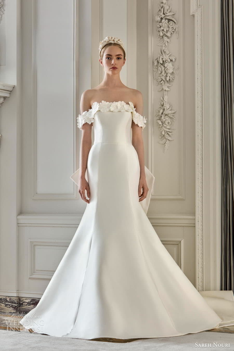 sareh nouri fall 2023 bridal sleeveless off shoulder strap sweetheart straight neckline fit flare a line ball gown wedding dress chapel train milano