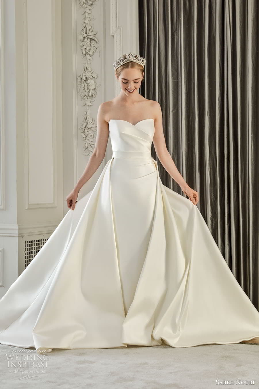 sareh nouri fall 2023 bridal sleeveless off shoulder strap sweetheart straight neckline fit flare a line ball gown wedding dress chapel train palermo c