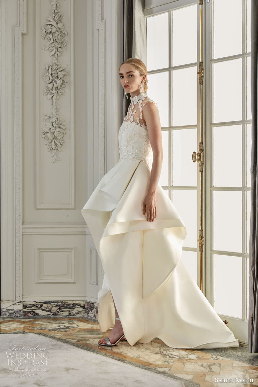 sareh nouri fall 2023 bridal sleeveless off shoulder strap sweetheart straight neckline fit flare a line ball gown wedding dress chapel train roma7