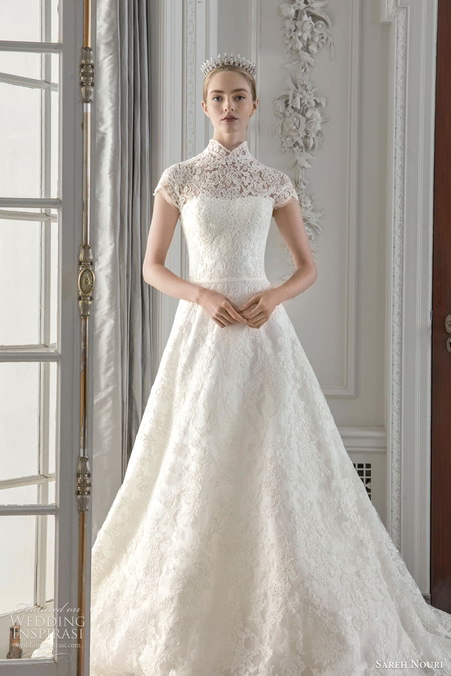 sareh nouri fall 2023 bridal sleeveless off shoulder strap sweetheart straight neckline fit flare a line ball gown wedding dress chapel train savoca