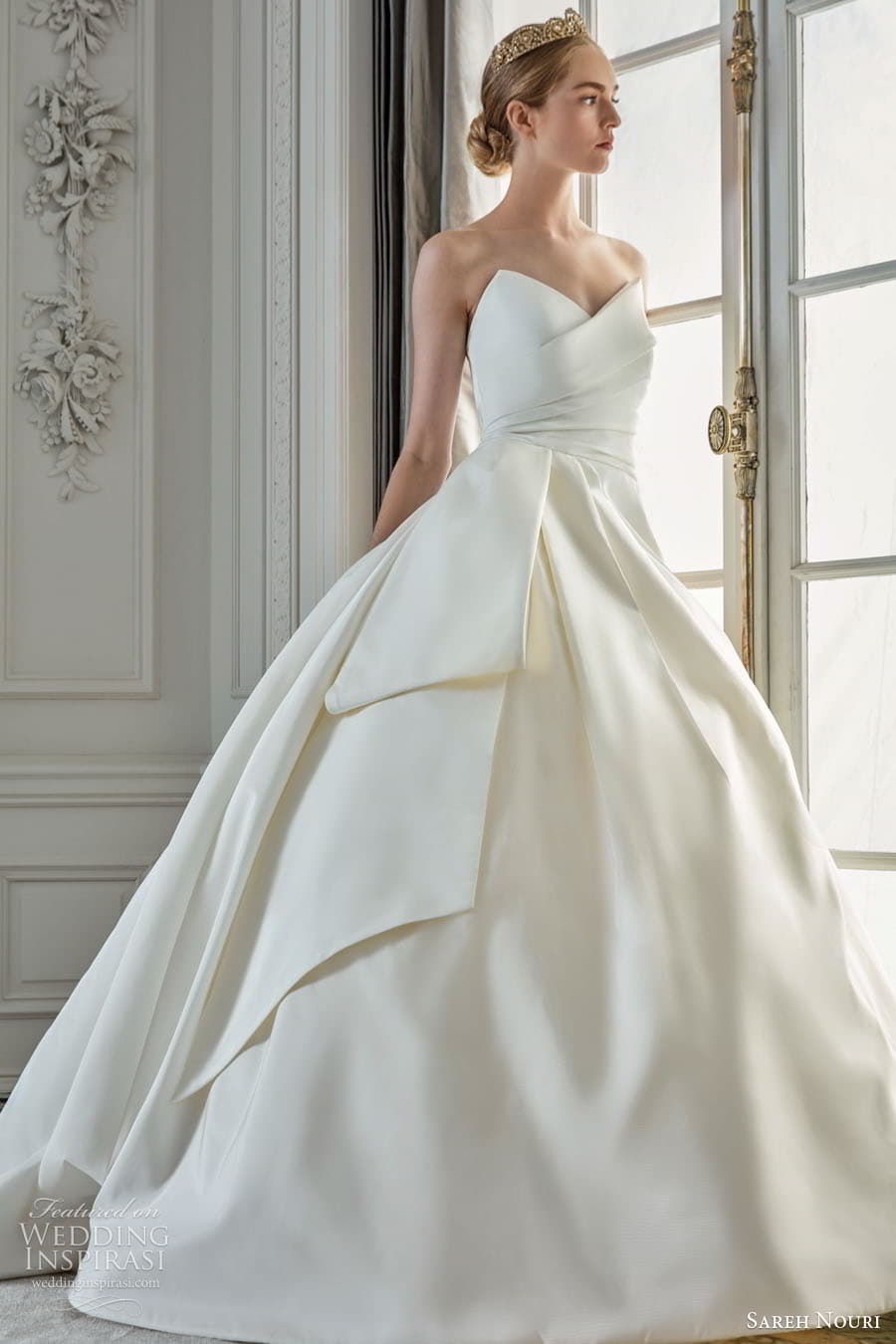 sareh nouri fall 2023 bridal sleeveless off shoulder strap sweetheart straight neckline fit flare a line ball gown wedding dress chapel train taormina