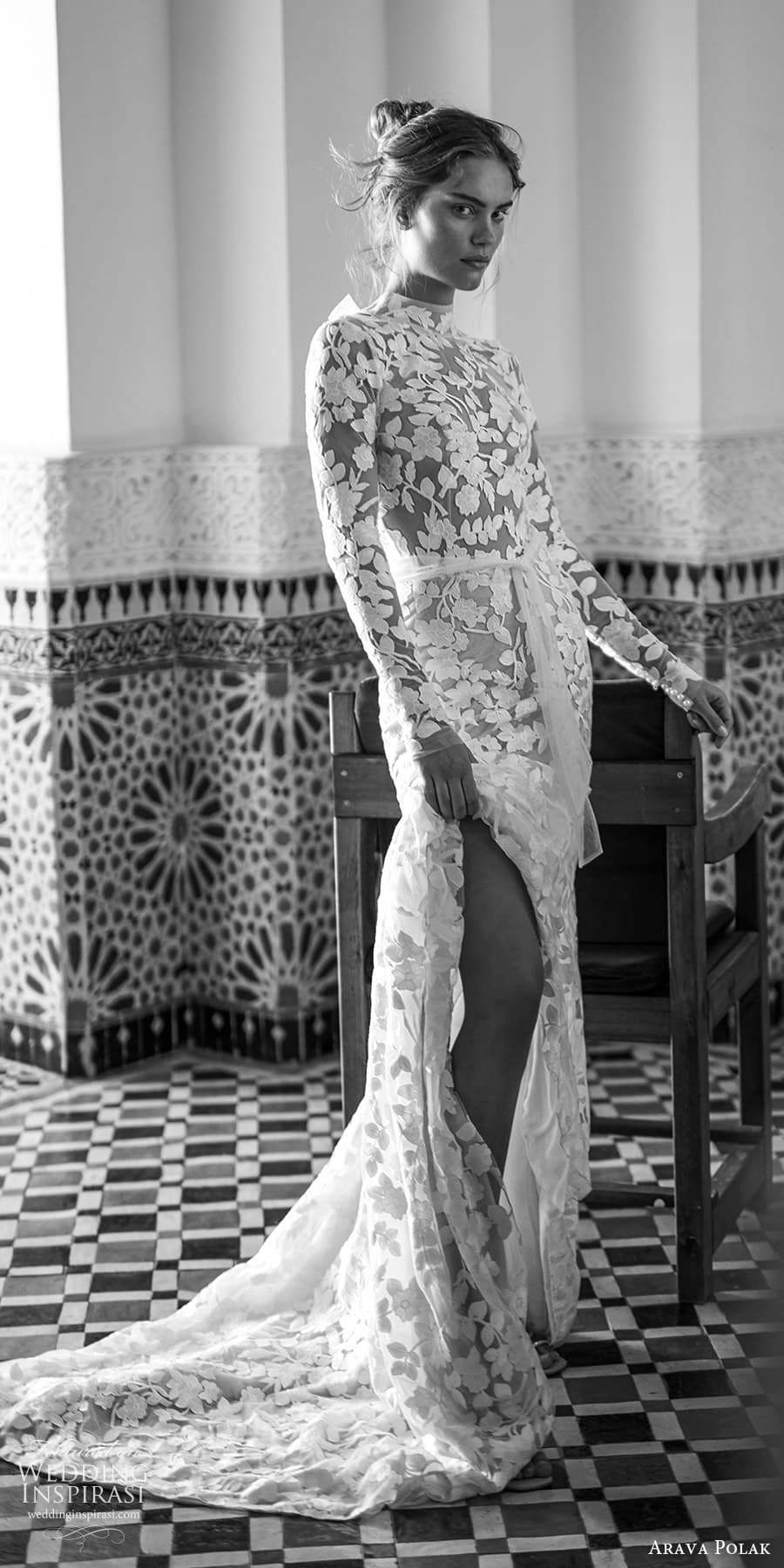 arava polak fall 2023 bridal long sleeve high neckline embellished lace sheer bodice sheath wedding dress chapel train (4) mv arava polak fall 2023 bridal long sleeve high neckline embellished lace sheer bodice sheath wedding dress chapel train (4) mv
