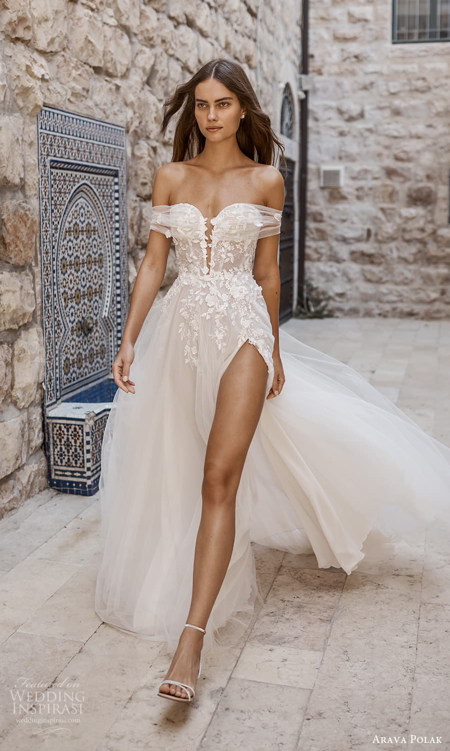 arava polak fall 2023 bridal off shoulder strap sweetheart neckline embellished bodice a line ball gown wedding dress chapel train (3) mv