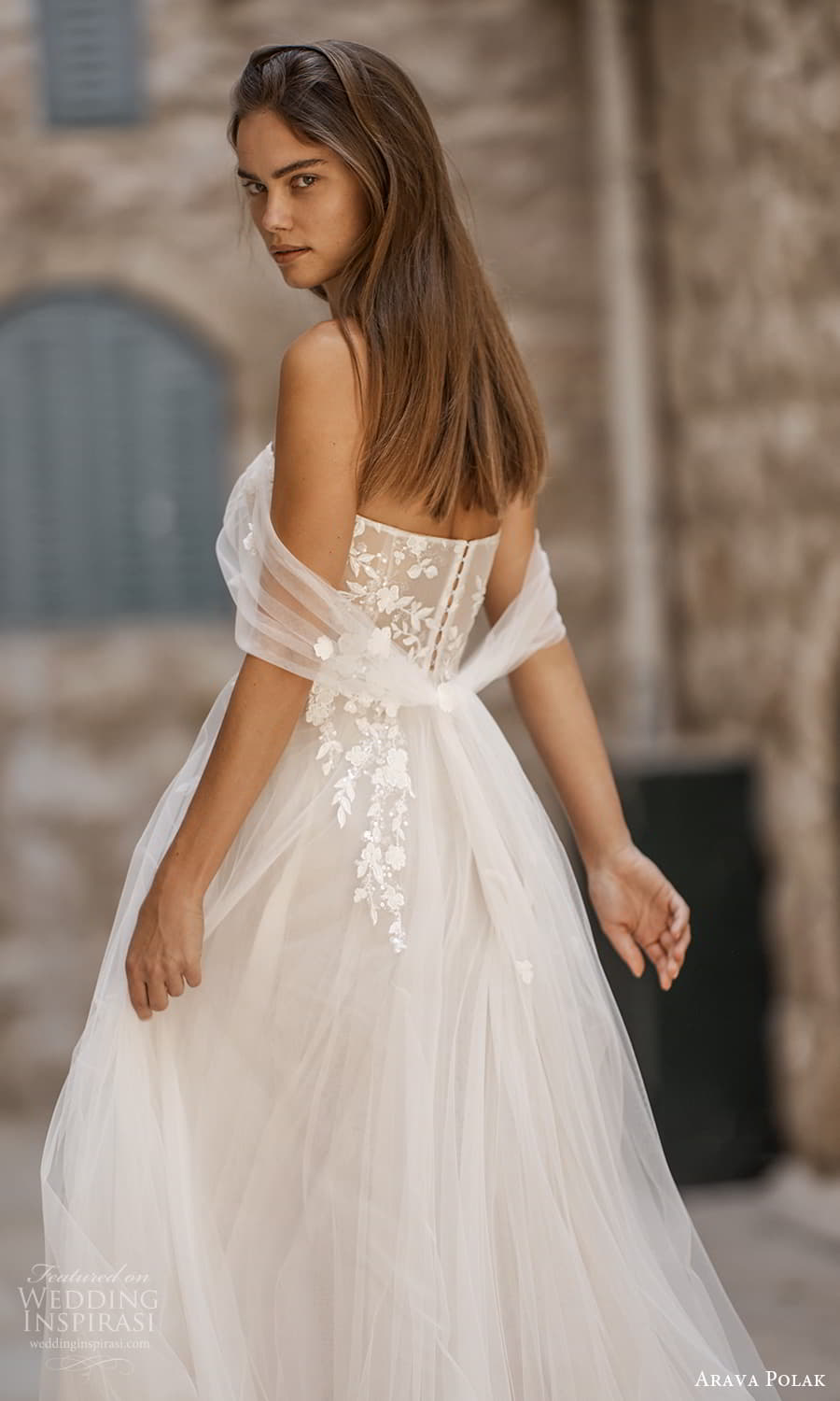 arava polak fall 2023 bridal off shoulder strap sweetheart neckline embellished bodice a line ball gown wedding dress chapel train (3)zbv