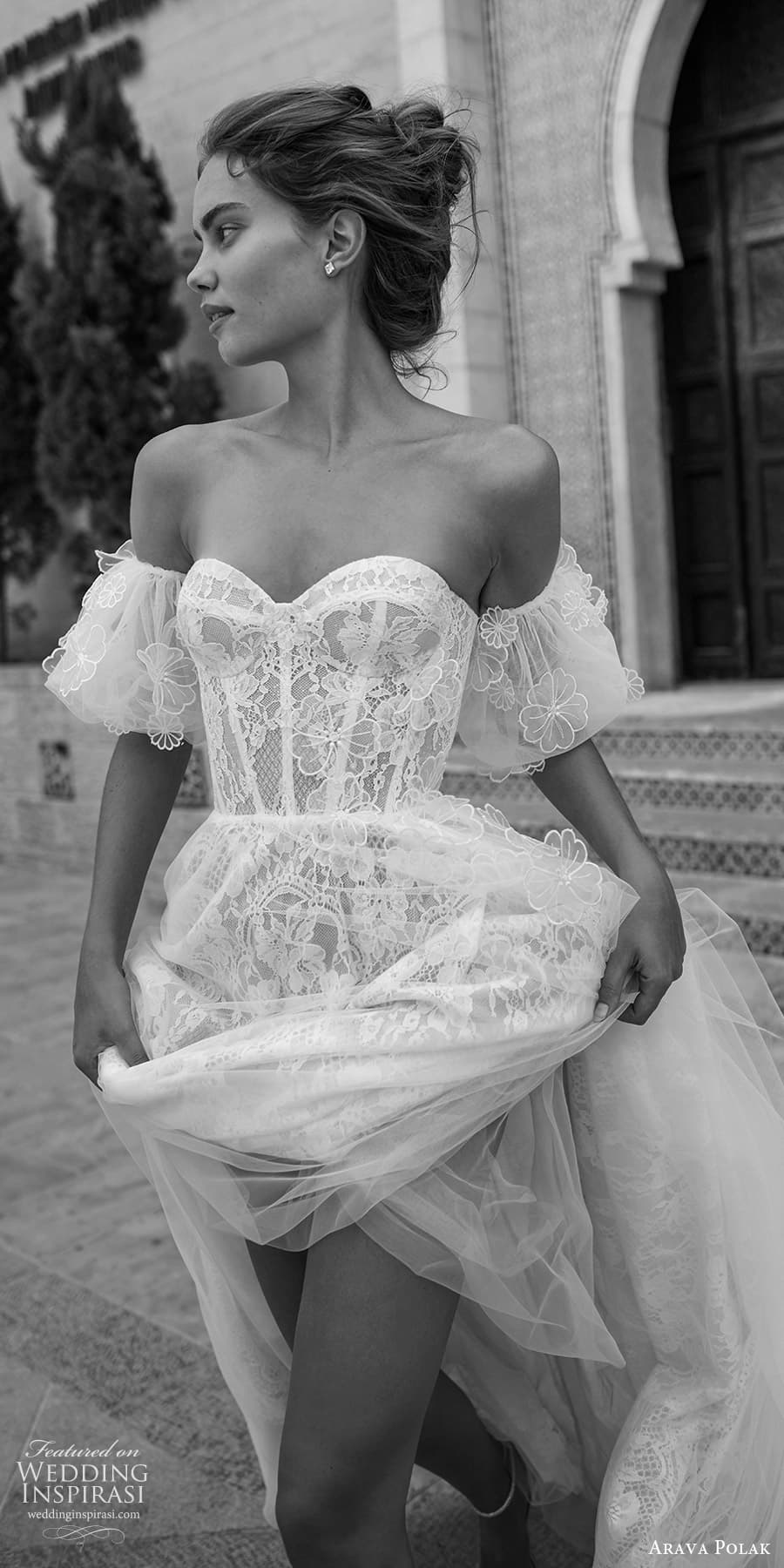 arava polak fall 2023 bridal off shoulder strap sweetheart neckline embellished lace a line ball gown wedding dress chapel train (7) zv