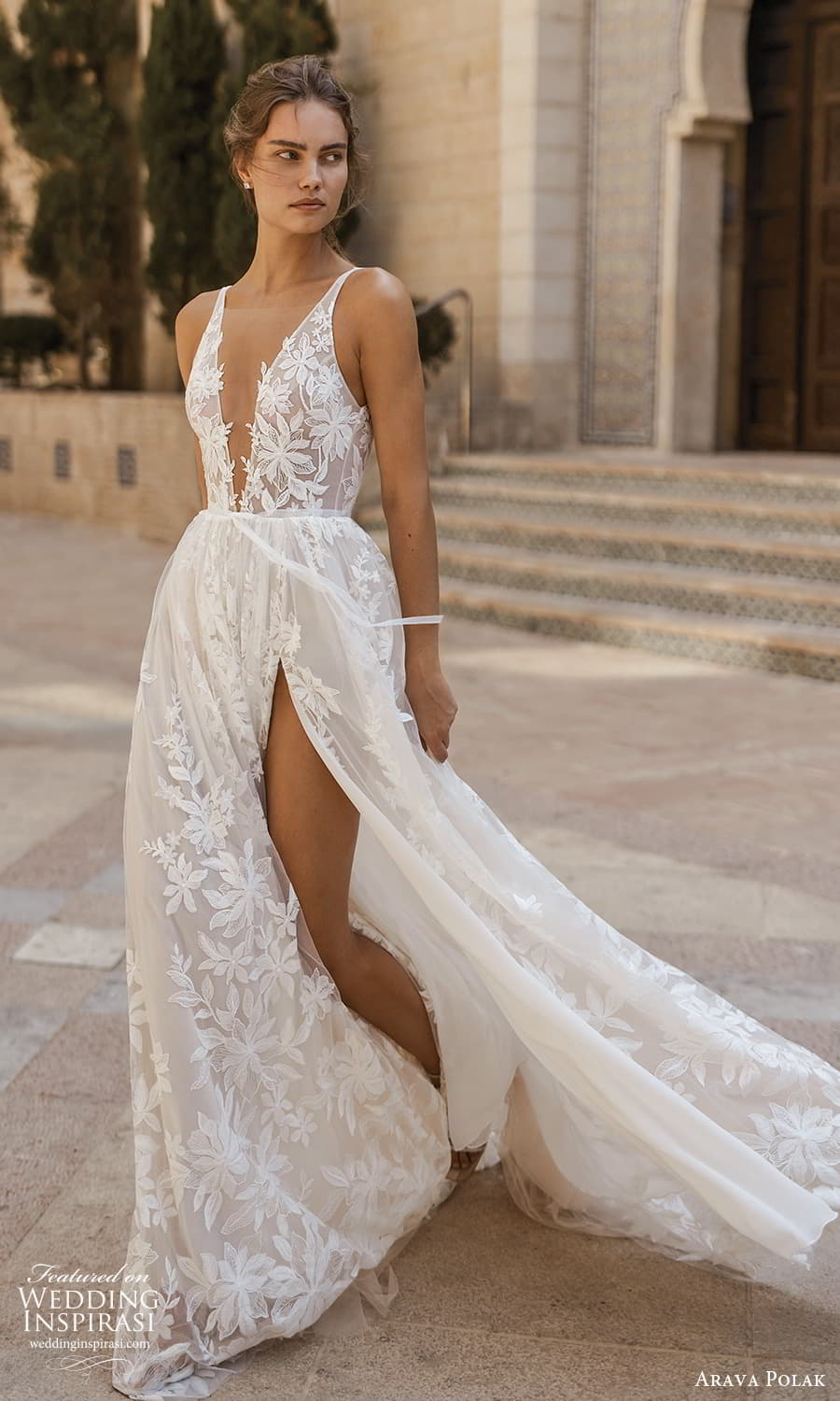 arava polak fall 2023 bridal sleeveless strap v neckline embellished lace a line ball gown wedding dress chapel train (2) mv
