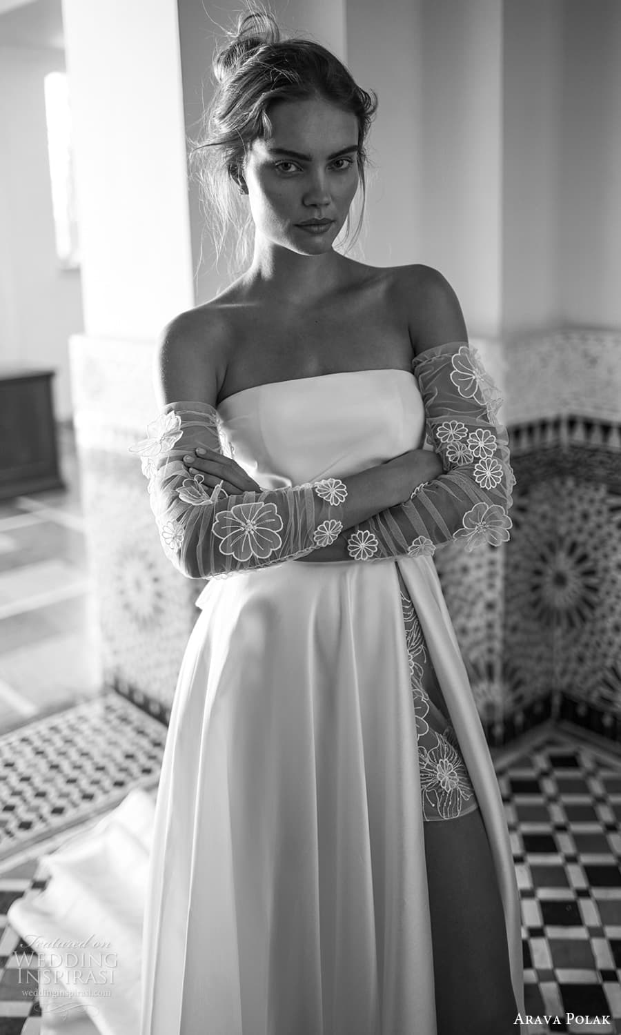 arava polak fall 2023 bridal strapless straight across neckline clean bodice a line ball gown wedding dress slit skirt chapel train (1) zv arava polak fall 2023 bridal strapless straight across neckline clean bodice a line ball gown wedding dress slit skirt chapel train (1) zv