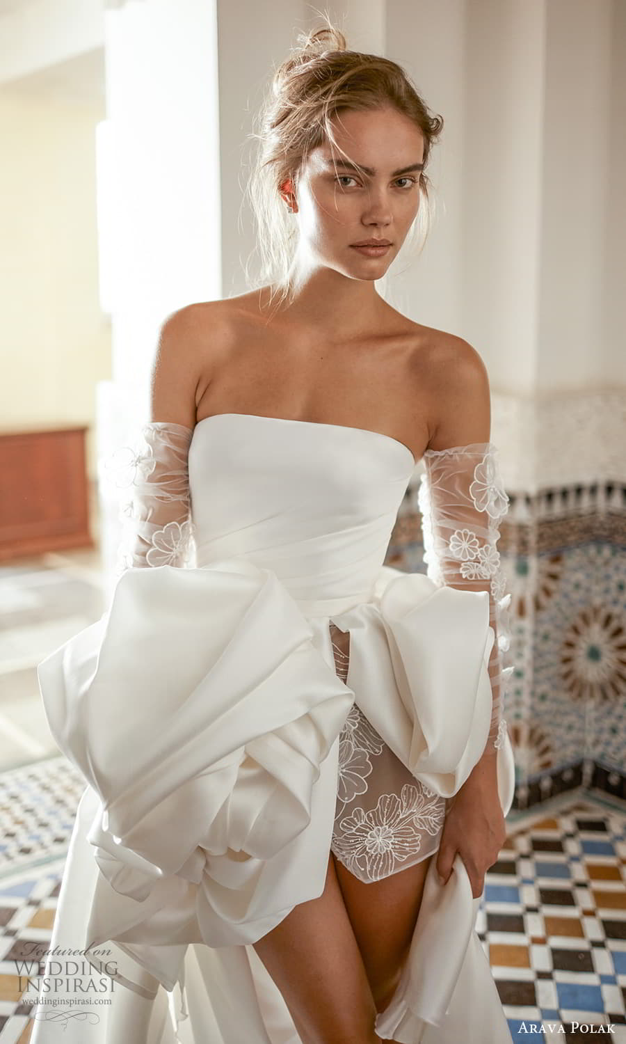arava polak fall 2023 bridal strapless straight across neckline clean bodice a line ball gown wedding dress slit skirt chapel train (1) zv arava polak fall 2023 bridal strapless straight across neckline clean bodice a line ball gown wedding dress slit skirt chapel train (1) zv
