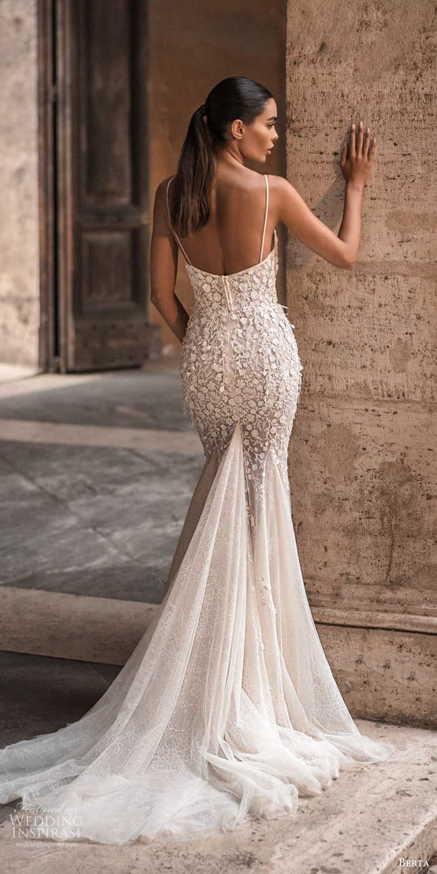 berta fall 2023 privee bridal sleeveless thin straps scoop neckline embellished fit flare mermaid wedding dress chapel train (10) bv