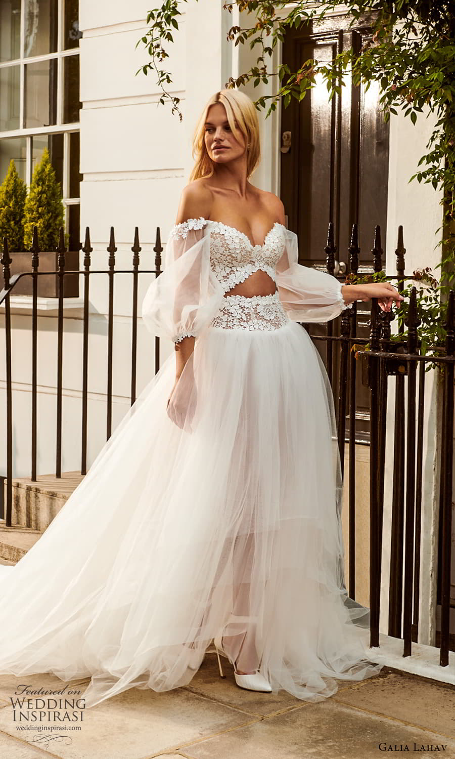 galia lahav fall 2023 gala bridal off shoulder long puff sleeve sweetheart neckline embelilshed bodice a line ball gown wedding dress chapel train (10) mv