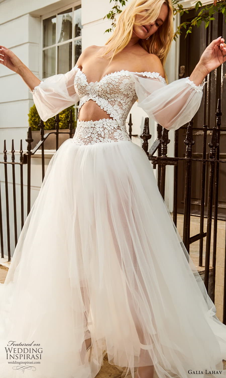 galia lahav fall 2023 gala bridal off shoulder long puff sleeve sweetheart neckline embelilshed bodice a line ball gown wedding dress chapel train (10) zv