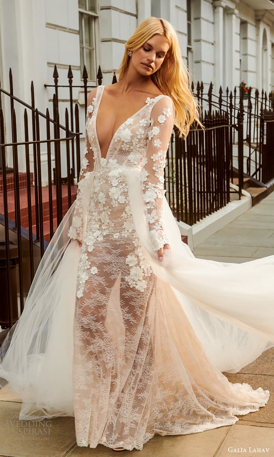 galia lahav fall 2023 gala bridal sheer long sleeve plunging v neckline fully embellished a line ball gown wedding dress chapel train (13) mv