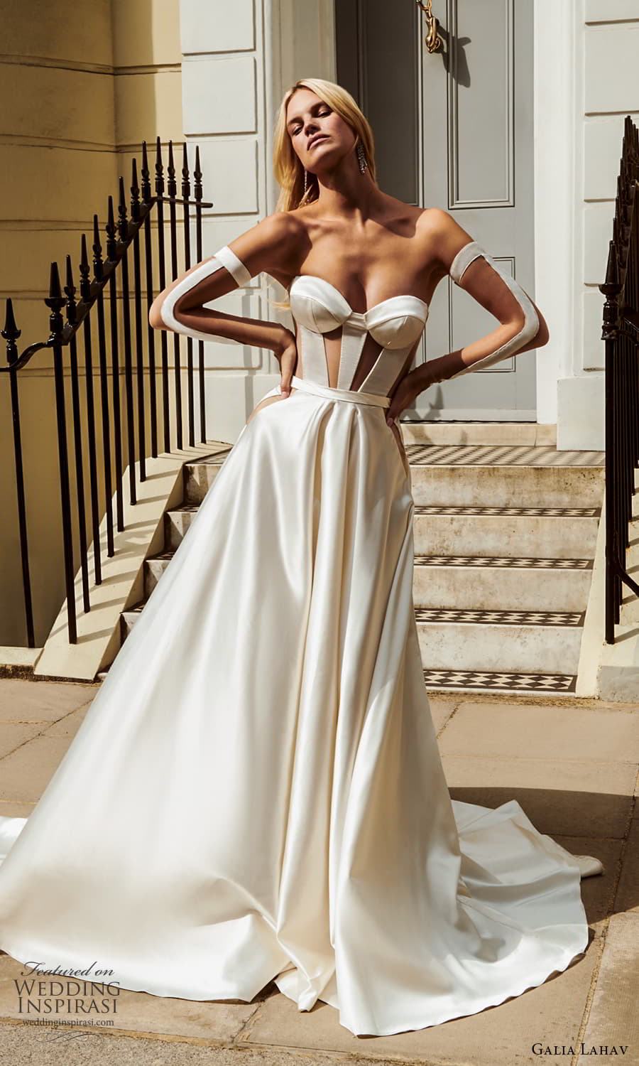 galia lahav fall 2023 gala bridal strapless sweetheart neckline clean minimalist a line ball gown wedding dress chapel train detached sleeves (2) mv galia lahav fall 2023 gala bridal strapless sweetheart neckline clean minimalist a line ball gown wedding dress chapel train detached sleeves (2) mv