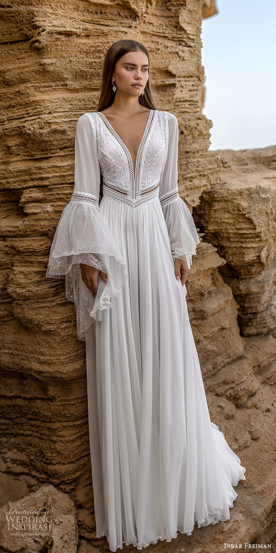 inbar freiman 2023 bridal long flare sleeve deep v neckline embellished bodice boho chic a line wedding dress chapel train (7) mv inbar freiman 2023 bridal long flare sleeve deep v neckline embellished bodice boho chic a line wedding dress chapel train (7) mv
