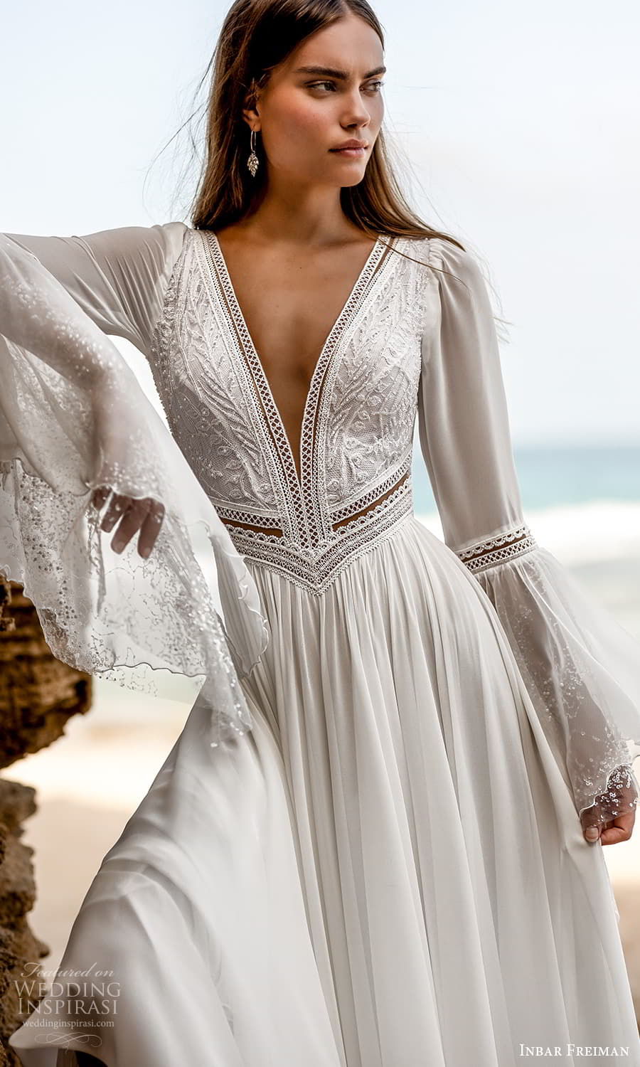 inbar freiman 2023 bridal long flare sleeve deep v neckline embellished bodice boho chic a line wedding dress chapel train (7) zv