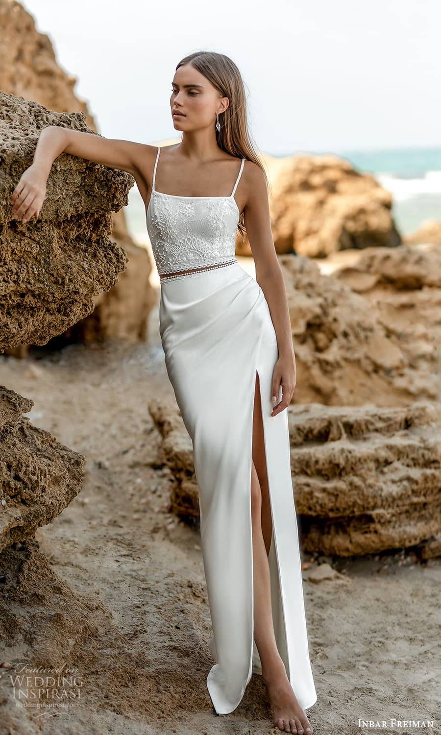 inbar freiman 2023 bridal sleeveless thin straps square neckline top sheath skirt 2 piece wedding dress (1) mv