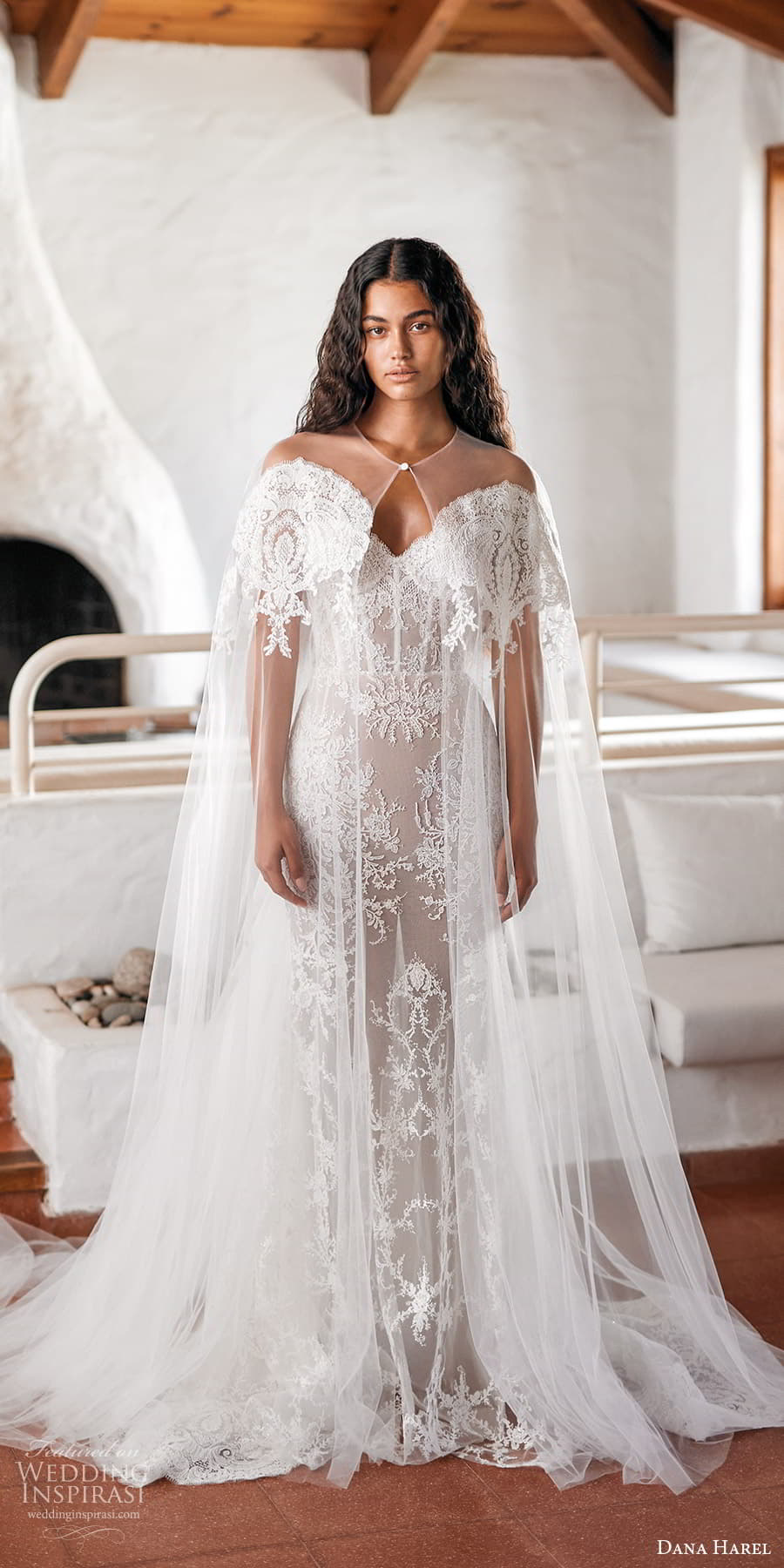 dana harel fall 2023 bridal sheer cape strapless sweetheart neckline embellished lace sheath wedding dress chapel train 1E4A4112 (1) lv